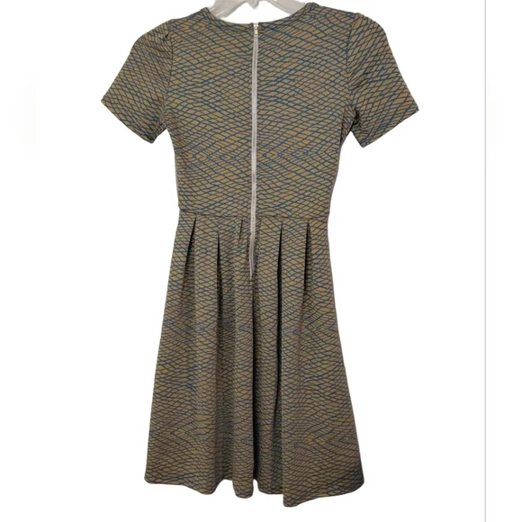NWT Lularoe Amelia Fit Pleated Dress Blue & Tan Geometric Zip Back Size XS - Picture 3 of 7